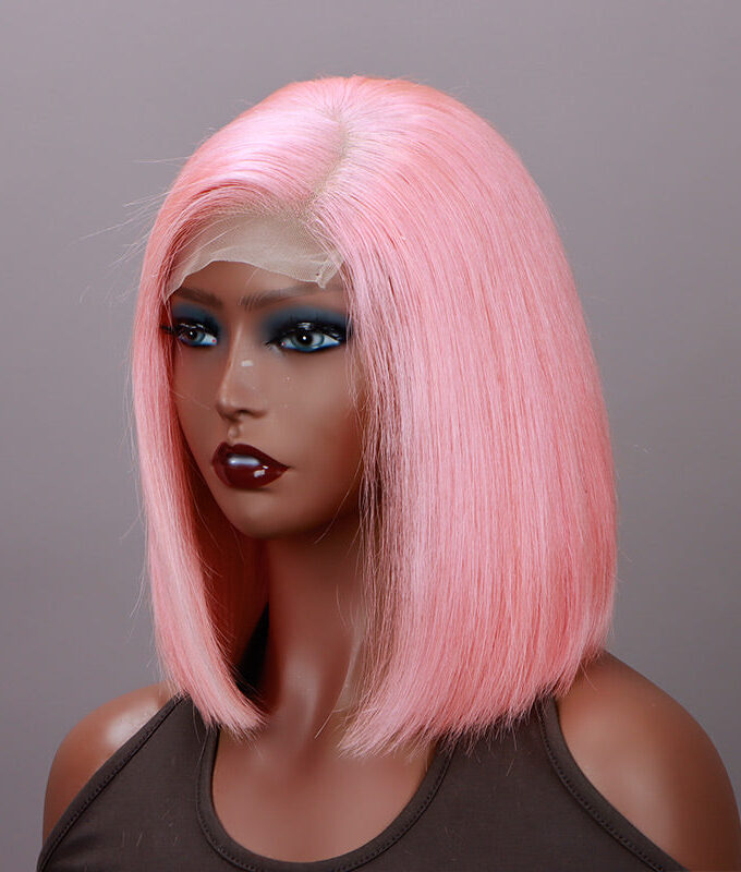 Light Pink Bob 5x5 HD Lace Closure Wigs Silky Straight Human Hair C-Part Lob Wig