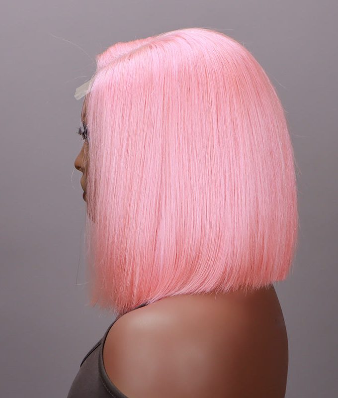 Light Pink Bob 5x5 HD Lace Closure Wigs Silky Straight Human Hair C-Part Lob Wig