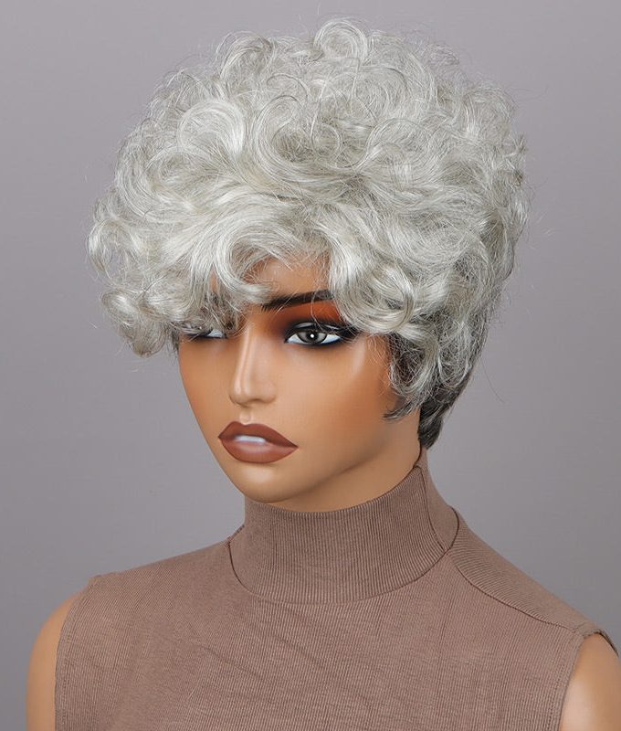 Seniors Short Curly Silver Layered Pixie Cut Wig Salt And Pepper Human Hair Glueless Wigs