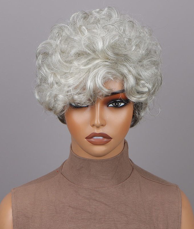 Seniors Short Curly Silver Layered Pixie Cut Wig Salt And Pepper Human Hair Glueless Wigs