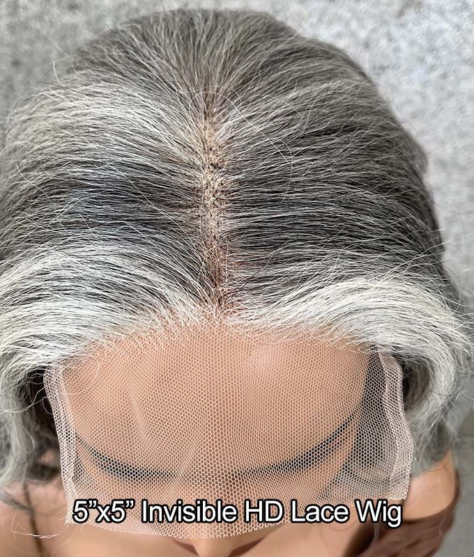 Silver Fox Big Loose Wave Bob Salt & Pepper Human Hair HD Lace Wigs For Women Over 60