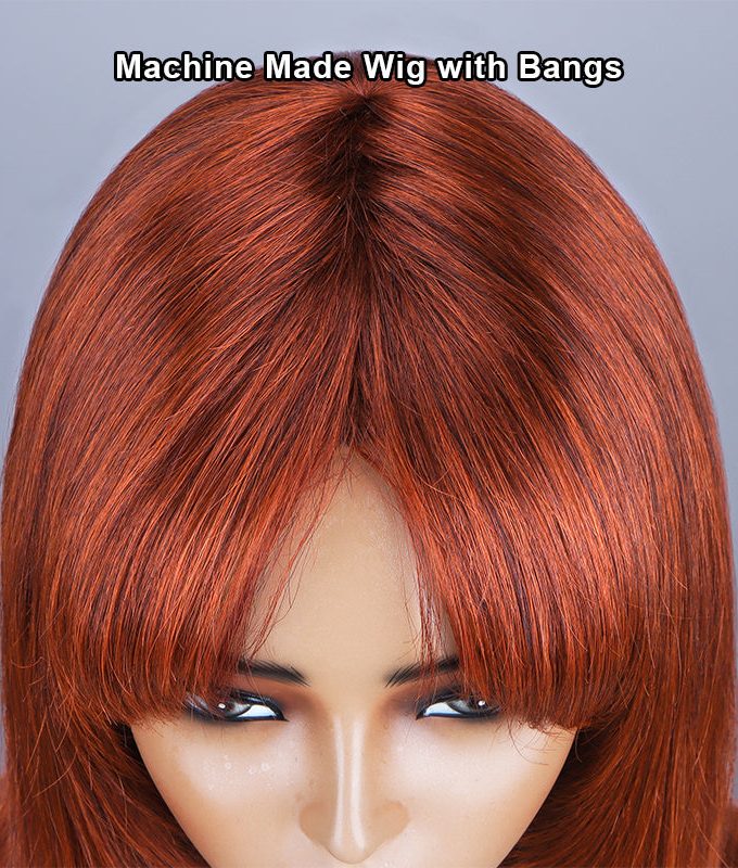 Trendy Reddish Brown Human Hair Wig Straight Layered Glueless Wig With Bangs