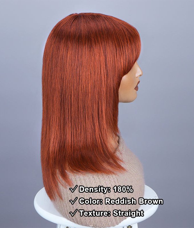 Trendy Reddish Brown Human Hair Wig Straight Layered Glueless Wig With Bangs