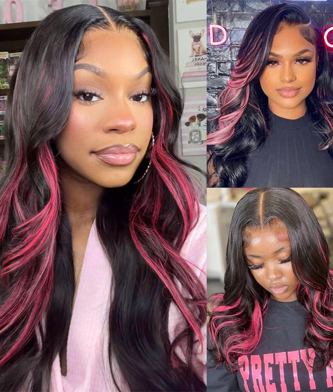 Magenta Red Pink Peekaboo Balayage Highlight Wig Long Body Wave Human Hair Glueless 6x4 Pre Cut Pre Bleached Lace Wig