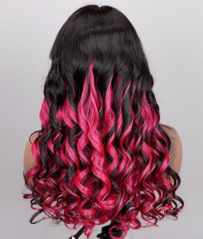 Magenta Red Pink Peekaboo Balayage Highlight Wig Long Body Wave Human Hair Glueless 6x4 Pre Cut Pre Bleached Lace Wig