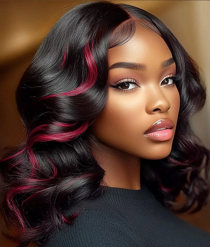 Magenta Red Pink Peekaboo Balayage Highlight Wig Long Body Wave Human Hair Glueless 6x4 Pre Cut Pre Bleached Lace Wig