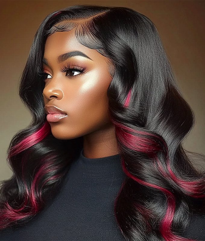Magenta Red Pink Peekaboo Balayage Highlight Wig Long Body Wave Human Hair Glueless 6x4 Pre Cut Pre Bleached Lace Wig