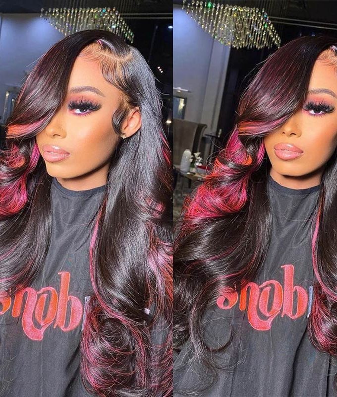 Magenta Red Pink Peekaboo Balayage Highlight Wig Long Body Wave Human Hair Glueless 6x4 Pre Cut Pre Bleached Lace Wig