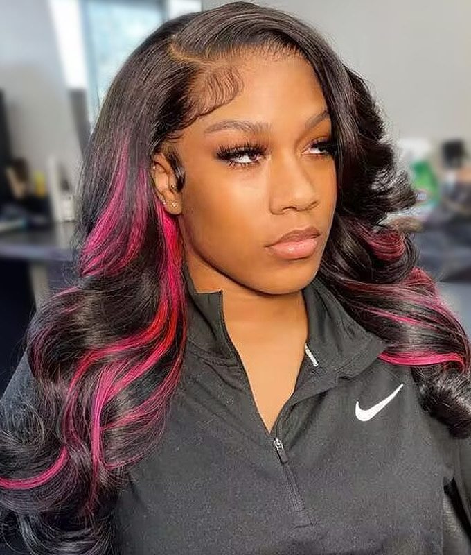 Magenta Red Pink Peekaboo Balayage Highlight Wig Long Body Wave Human Hair Glueless 6x4 Pre Cut Pre Bleached Lace Wig
