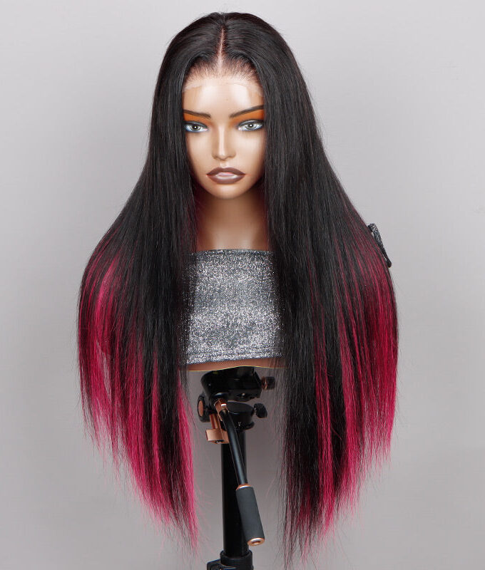 Magenta Red Peekaboo Highlight Wig Long Straight Human Hair Glueless 6x4 Pre Cut Pre Bleached Lace Wig