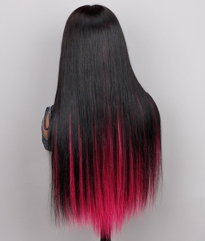 Magenta Red Peekaboo Highlight Wig Long Straight Human Hair Glueless 6x4 Pre Cut Pre Bleached Lace Wig