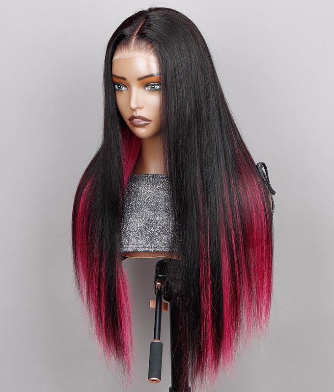 Magenta Red Peekaboo Highlight Wig Long Straight Human Hair Glueless 6x4 Pre Cut Pre Bleached Lace Wig
