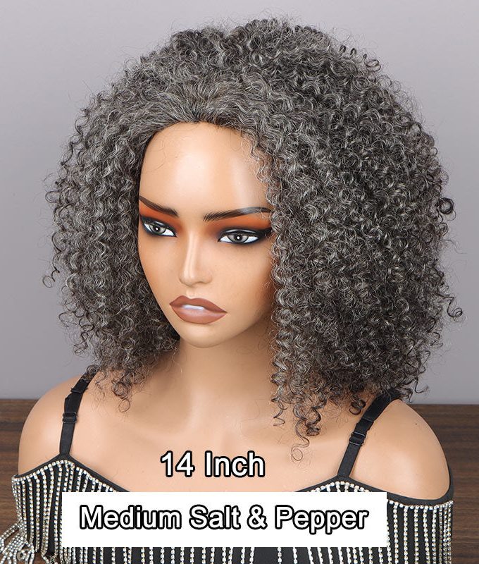 Medium Salt And Pepper Afro Curly Human Hair 3 In 1 Half Wig Ready To Go Wig For Older Women