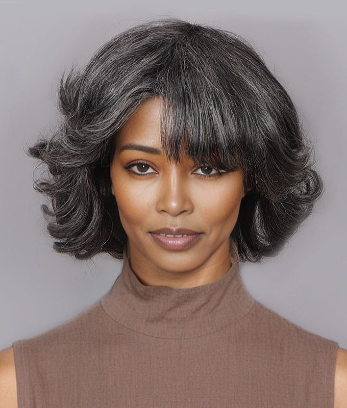 Trendy Medium Salt and Pepper Natural Wavy Bob Wear Go Glueless Human Hair Wigs With Bangs For Women Over 50