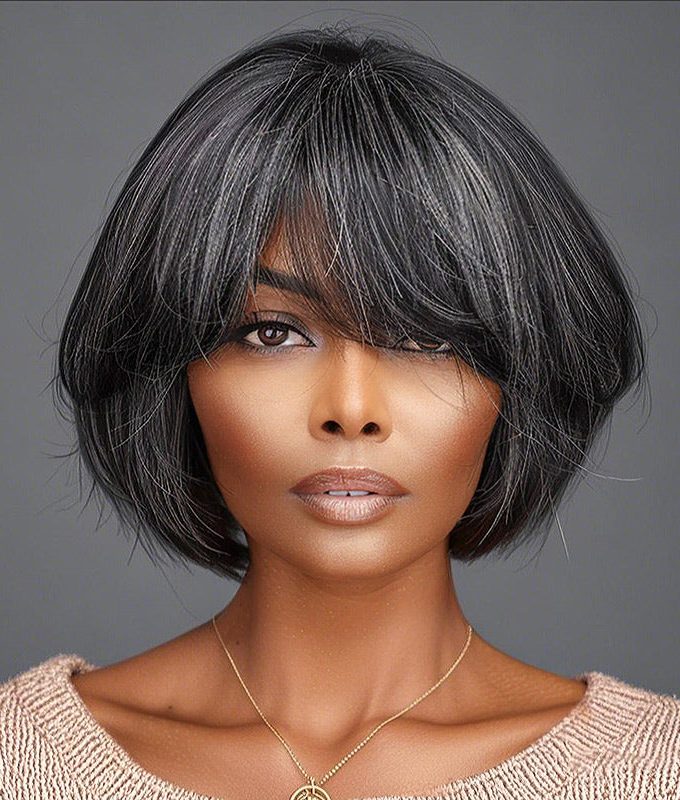 Trendy Salt & Pepper Natural Straight Wavy Bob Wear Go Glueless Human Hair Wigs With Bangs For Mature Women