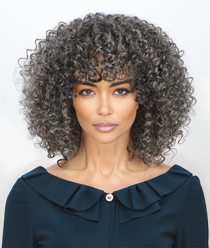 US DOMESTIC SHIPPING | Dark Gray Curly Bob Wig With Bangs Glueless Wear & Go Human Hair Salt And Pepper Wigs