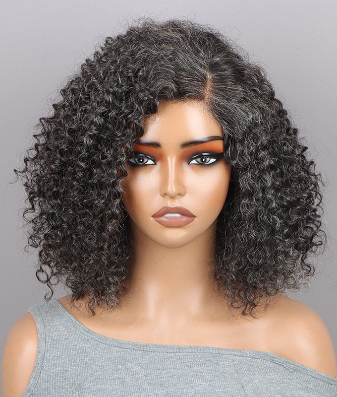 Seniors Medium Salt & Pepper Jerry Curly Bob Handmade 5x5 HD Lace Real Human Hair Wigs For Mom