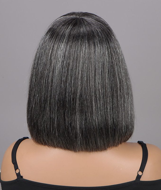 Chic Medium Salt & Pepper Straight Bob Wig With Bangs Real Glueless Human Hair Wigs For Women