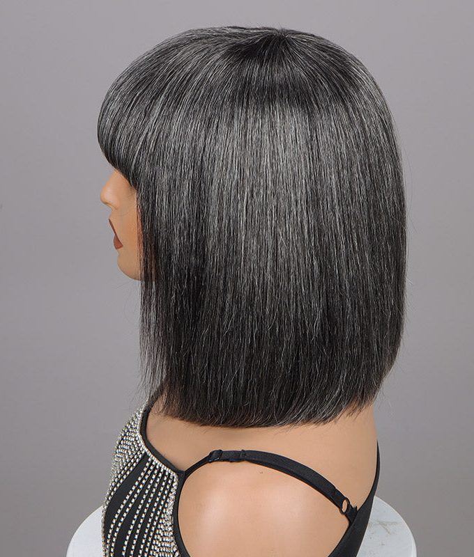 Chic Medium Salt & Pepper Straight Bob Wig With Bangs Real Glueless Human Hair Wigs For Women