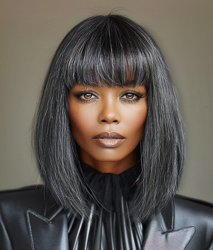 Chic Medium Salt & Pepper Straight Bob Wig With Bangs Real Glueless Human Hair Wigs For Women