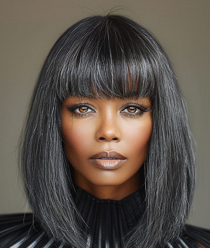 Chic Medium Salt & Pepper Straight Bob Wig With Bangs Real Glueless Human Hair Wigs For Women