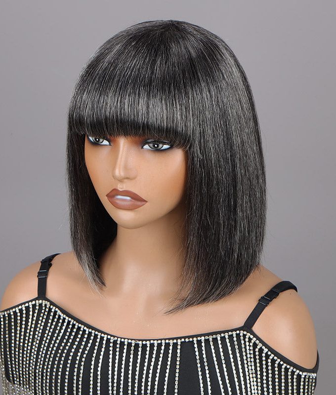Chic Medium Salt & Pepper Straight Bob Wig With Bangs Real Glueless Human Hair Wigs For Women