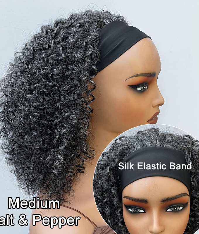 Medium Salt & Pepper Kinky Curly 100% Human Hair Headband Wig For Black Women Dark Sliver Grey