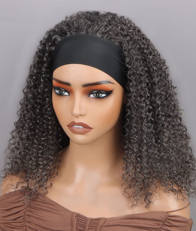 Medium Salt & Pepper Kinky Curly 100% Human Hair Headband Wig For Black Women Dark Sliver Grey