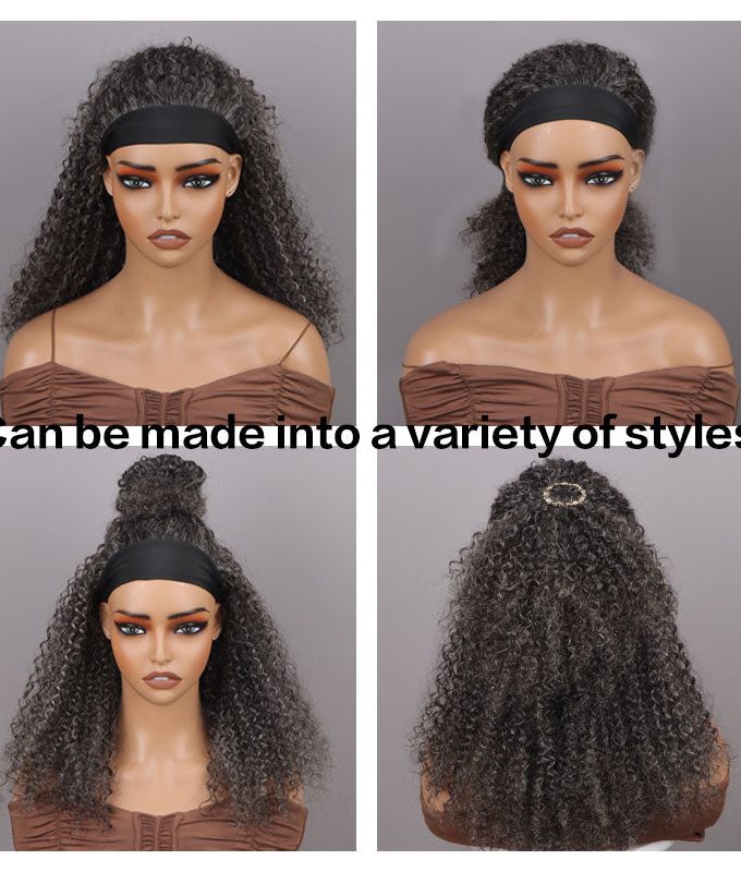 Medium Salt & Pepper Kinky Curly 100% Human Hair Headband Wig For Black Women Dark Sliver Grey