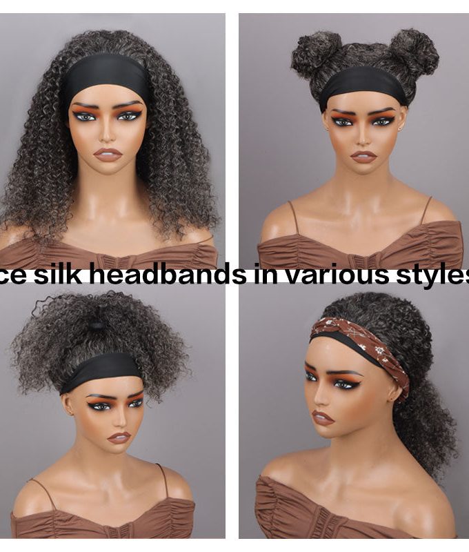 Medium Salt & Pepper Kinky Curly 100% Human Hair Headband Wig For Black Women Dark Sliver Grey