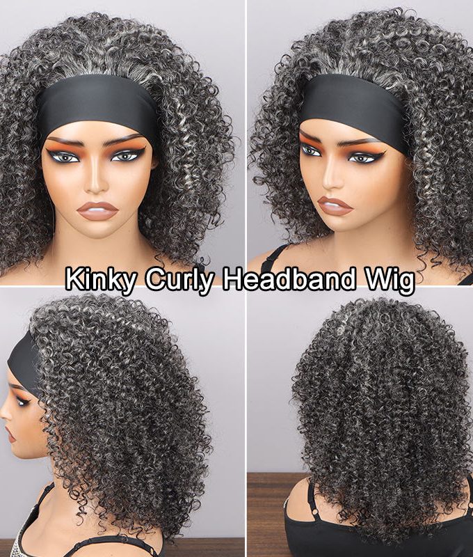 Medium Salt & Pepper Kinky Curly 100% Human Hair Headband Wig For Black Women Dark Sliver Grey