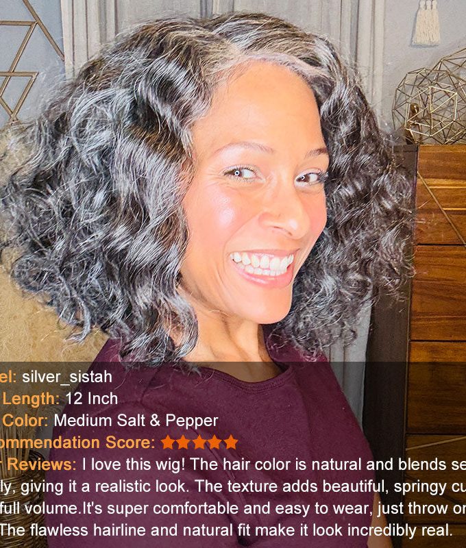 US DOMESTIC SHIPPING | Medium Salt And Pepper Wig Water Wave Human Hair 5x5 Lace Bob Throw On & Go Wigs For Mature Women