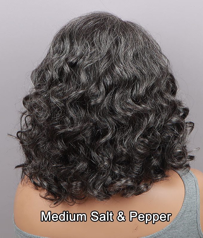 US DOMESTIC SHIPPING | Medium Salt And Pepper Water Wave Bob Real Human Hair 5x5 Lace Wigs For Mature Women