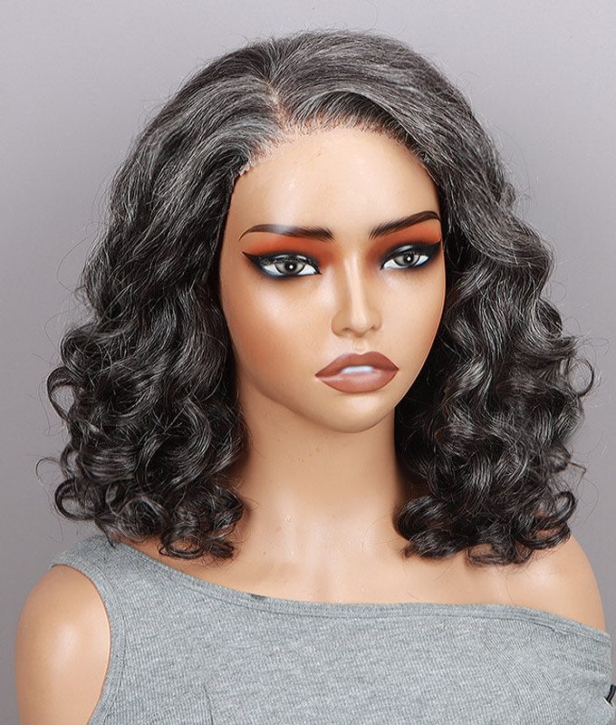 US DOMESTIC SHIPPING | Medium Salt And Pepper Water Wave Bob Real Human Hair 5x5 Lace Wigs For Mature Women