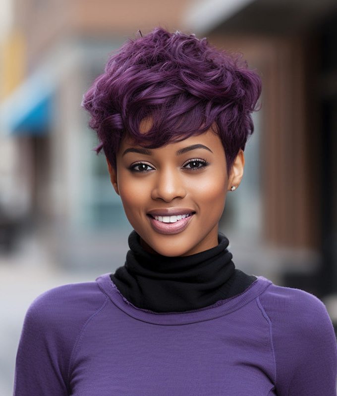 Custom Wig Two-Toned Edgy Pixie Haircut With Purple Layers Water Wave Human Hair Wear And Go Glueless Non-Lace Wig