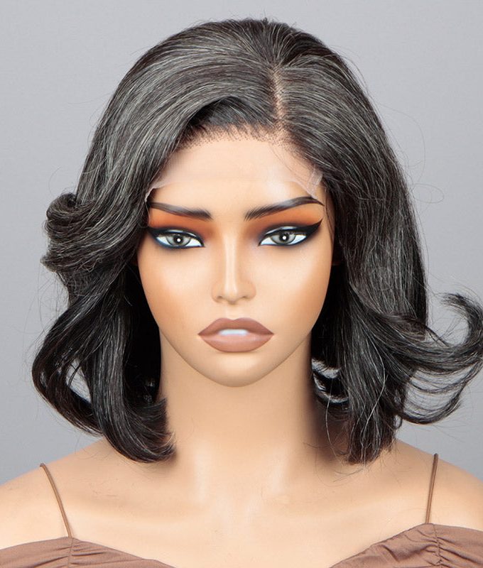 Dark Salt & Pepper Wig Natural Wavy Bob Real Human Hair Glueless 4x4 Lace Wigs For Women Over 50