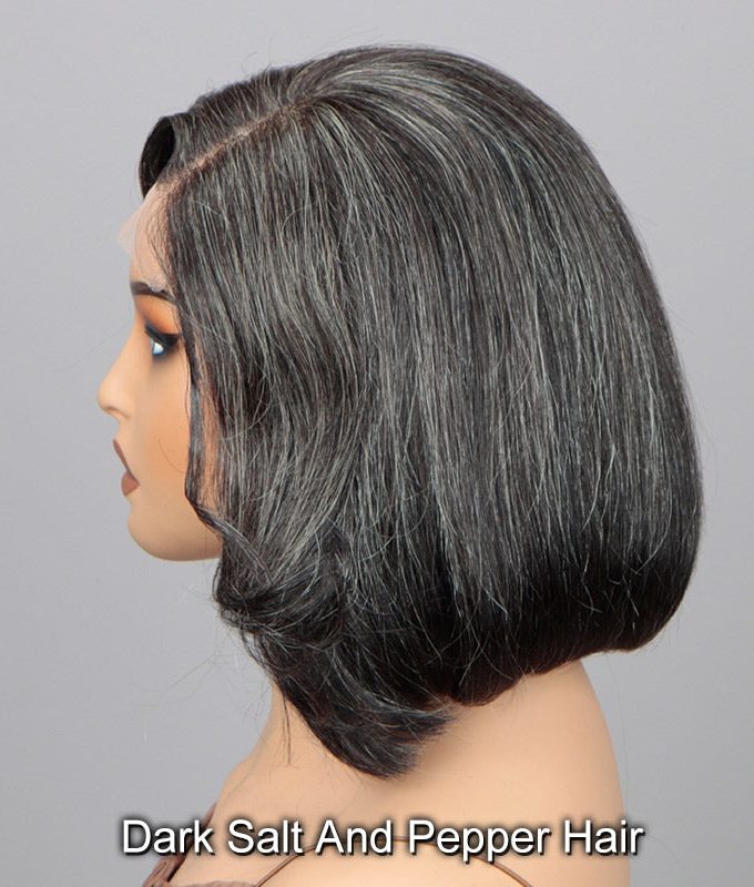 Dark Salt & Pepper Wig Natural Wavy Bob Real Human Hair Glueless 4x4 Lace Wigs For Women Over 50
