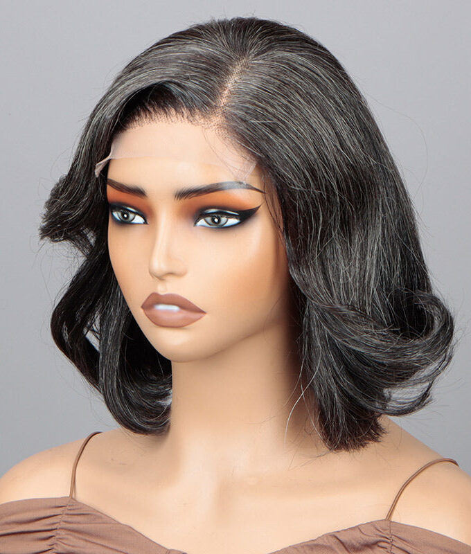 Dark Salt & Pepper Wig Natural Wavy Bob Real Human Hair Glueless 4x4 Lace Wigs For Women Over 50