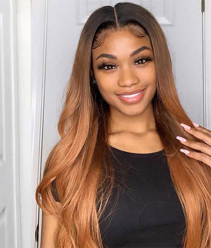 Ombre Brown Straight Hair Bundles With Frontal Closure Brazilian Virgin Remy Human Hair 3 Tone T1B/4/30 Color