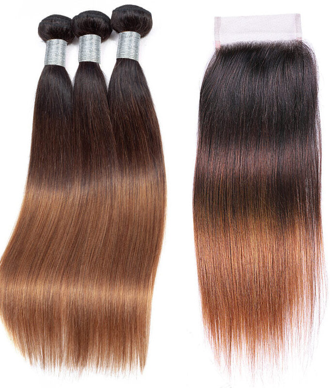 Ombre Brown Straight Hair Bundles With Frontal Closure Brazilian Virgin Remy Human Hair 3 Tone T1B/4/30 Color|Flash Sale