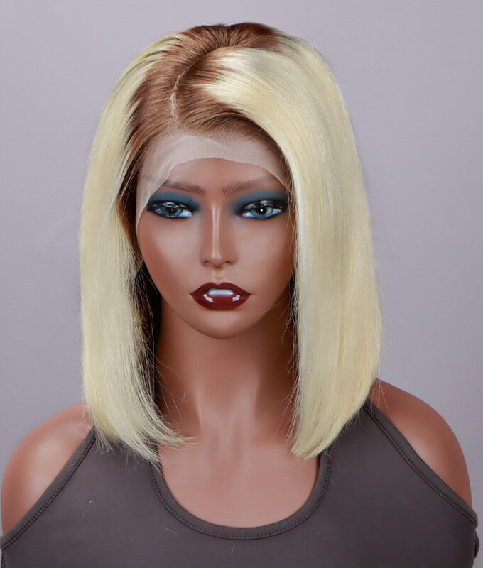 Ombre Bob Barbie Blonde With Brown Roots Silky Straight Hair 13x4 HD Lace Full Frontal Wig With Perfect Bleached Knots