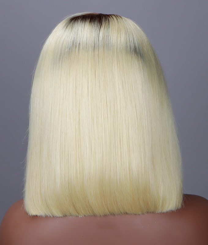 Ombre Bob Barbie Blonde With Brown Roots Silky Straight Hair 13x4 HD Lace Full Frontal Wig With Perfect Bleached Knots