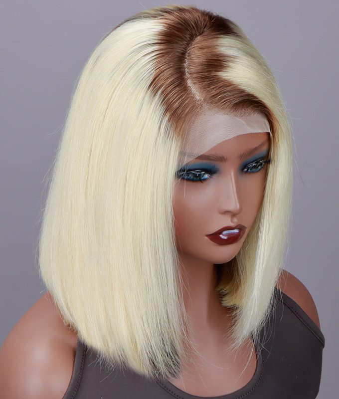Ombre Bob Barbie Blonde With Brown Roots Silky Straight Hair 13x4 HD Lace Full Frontal Wig With Perfect Bleached Knots