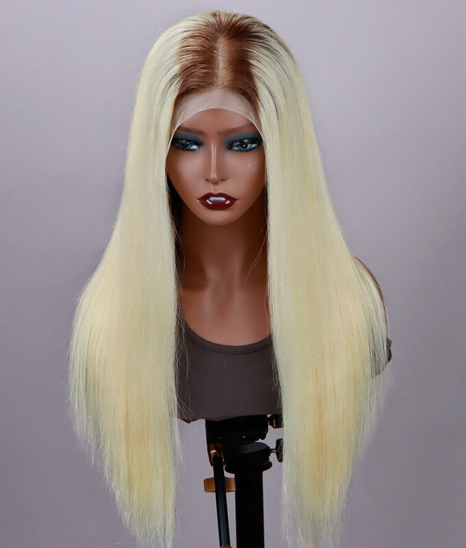 Ombre Blonde With Brown Roots Silky Straight 13x4 HD Lace Full Frontal Wig With Perfect Bleached Knots
