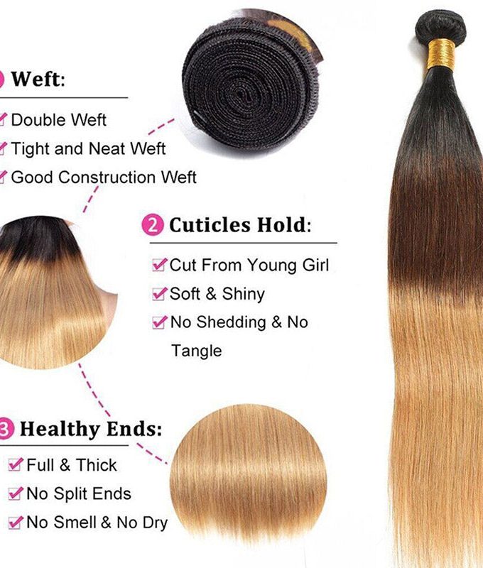 T1B/4/27 Ombre Hair 3 Bundles Brazilian Virgin Human Hair Weave 3 Tone Color