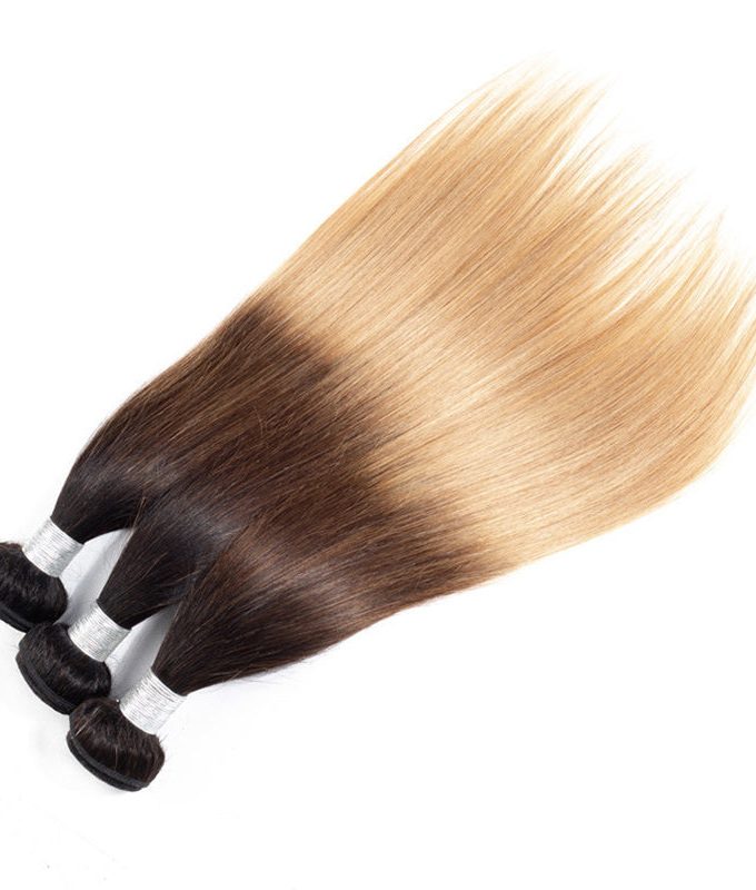 Ombre Straight Hair Bundles With Closure Brazilian Virgin Remy Human Hair 3 Tone T1B/4/27 Color