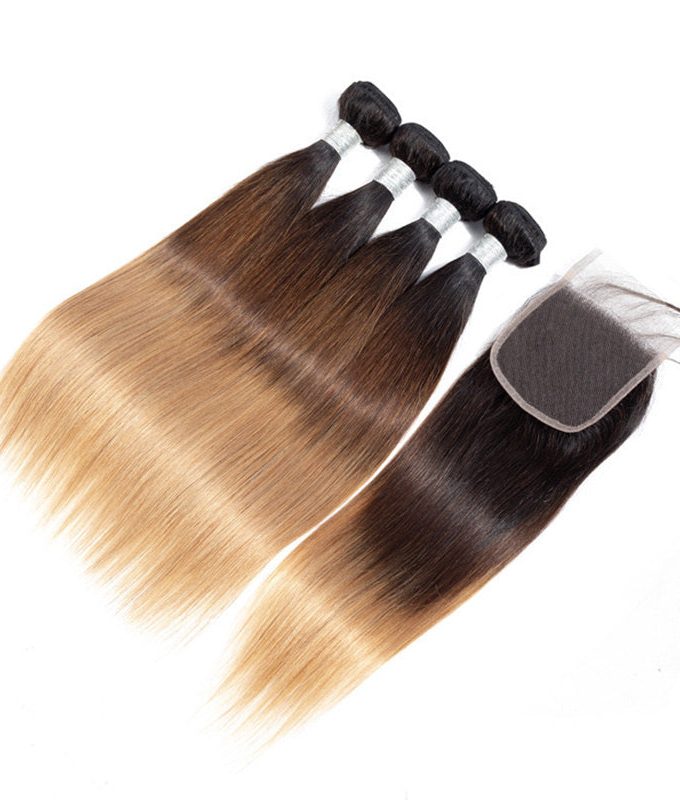 Ombre Straight Hair Bundles With Closure Brazilian Virgin Remy Human Hair 3 Tone T1B/4/27 Color