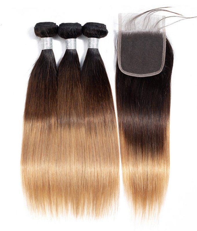 Ombre Straight Hair Bundles With Closure Brazilian Virgin Remy Human Hair 3 Tone T1B/4/27 Color | Flash Sale