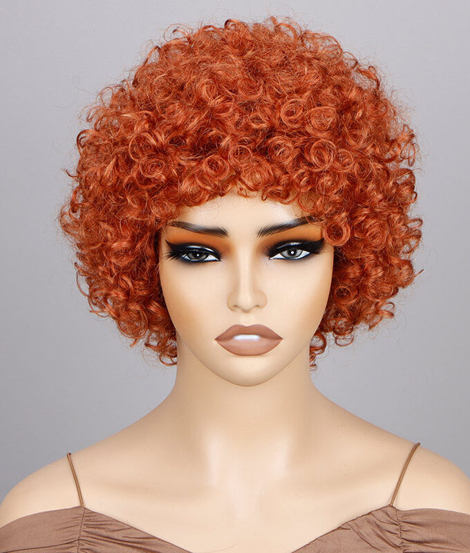 Short Bouncy Curly Orange Wig With Bangs For Women Real Human Hair Glueless Wear And Go Wigs