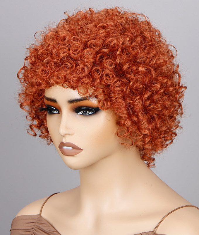 Short Bouncy Curly Orange Wig With Bangs For Women Real Human Hair Glueless Wear And Go Wigs